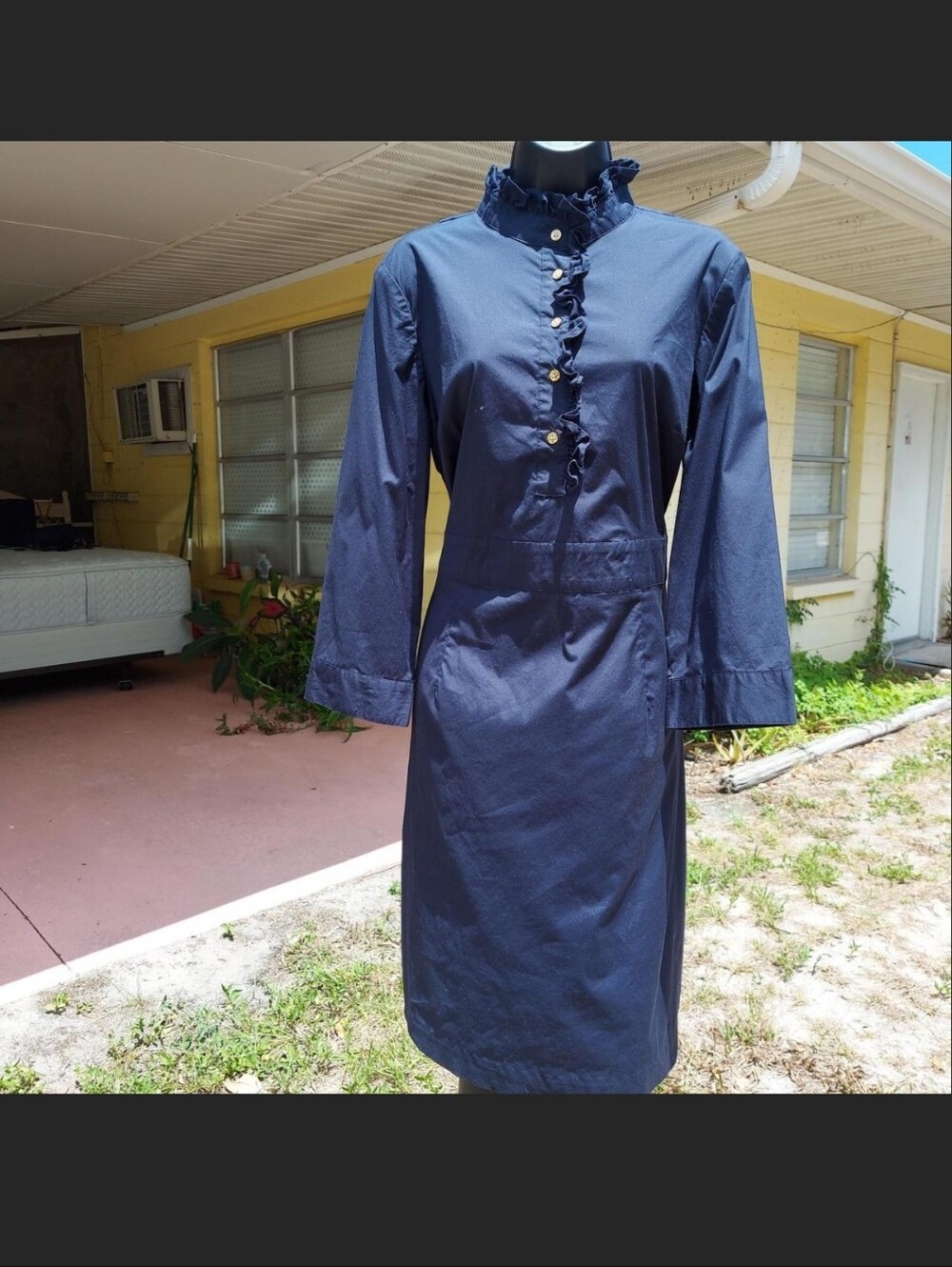 Tory Burch Navy Ruffled Stand-Collar Long Sleeve Dress